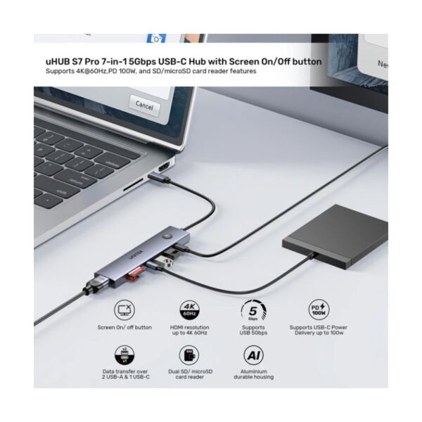 HUB USB-C Unitek 7 en 1 con botón screen on/off