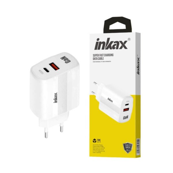 Cargador Inkax USB-A+USB-C GaN 45W Carga Rápida Blanco